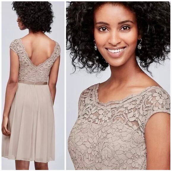 Davids Bridal Short Chiffon Dress Lace Top Parfait Pink Size 14 - Picture 2 of 8